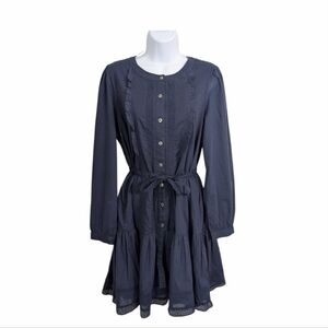 Draper James Cotton Navy Elizabeth Dress Size M Button Down Long Sleeve Belted